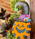 Load image into Gallery viewer, Orange Candy Jack O Lantern Witch Metal Stake with Attached Easel
