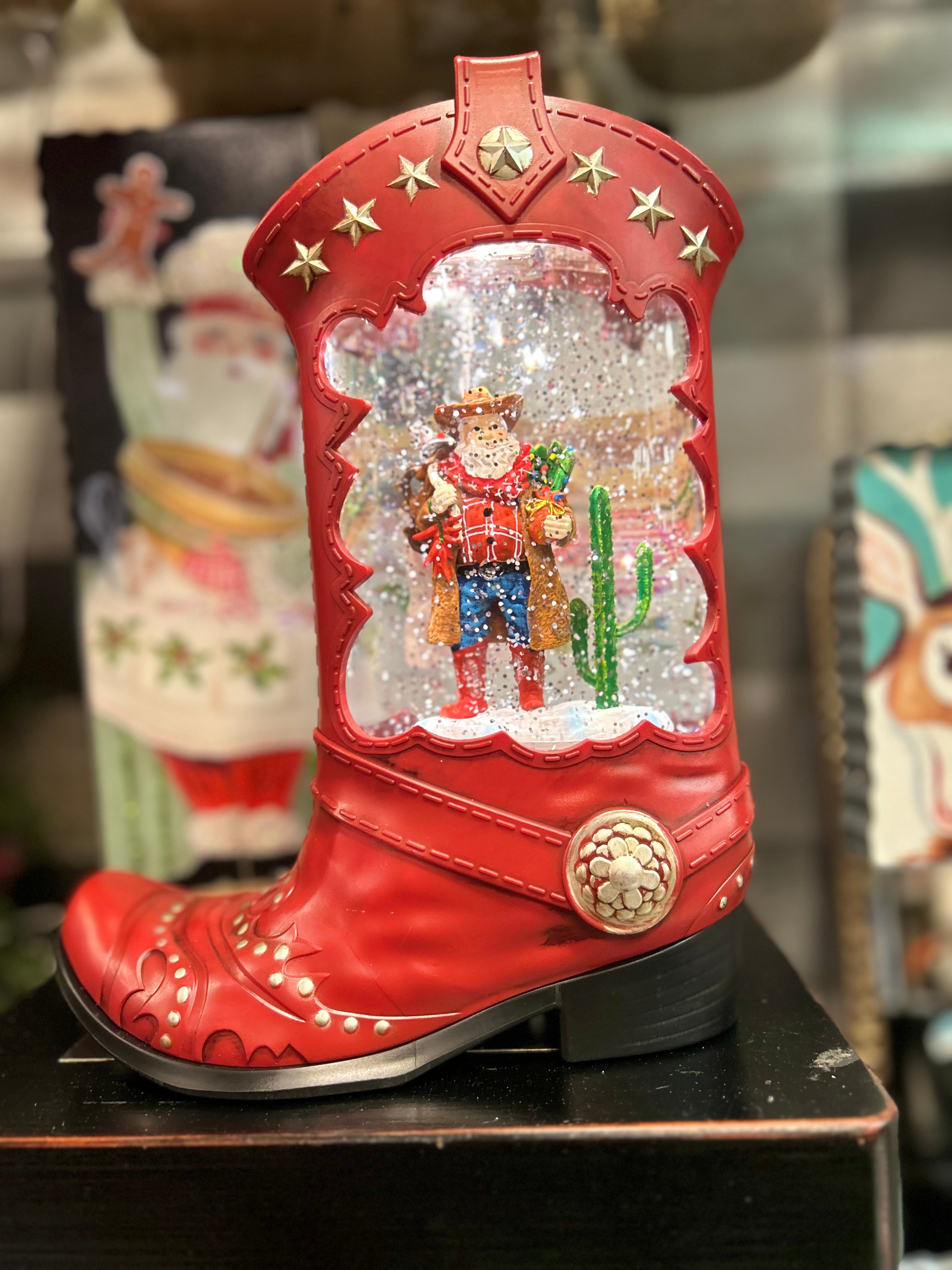 Western Red Cowboy Boot Snow Globe with Santa