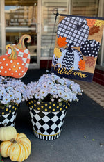 Load image into Gallery viewer, Black and White Harlequin Gold Polka Dot Design Outdoor Pots
