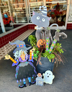 Small Tillie the Witch In Black, Purple, Orange, and Yellow with her Frog Roundtop Collection