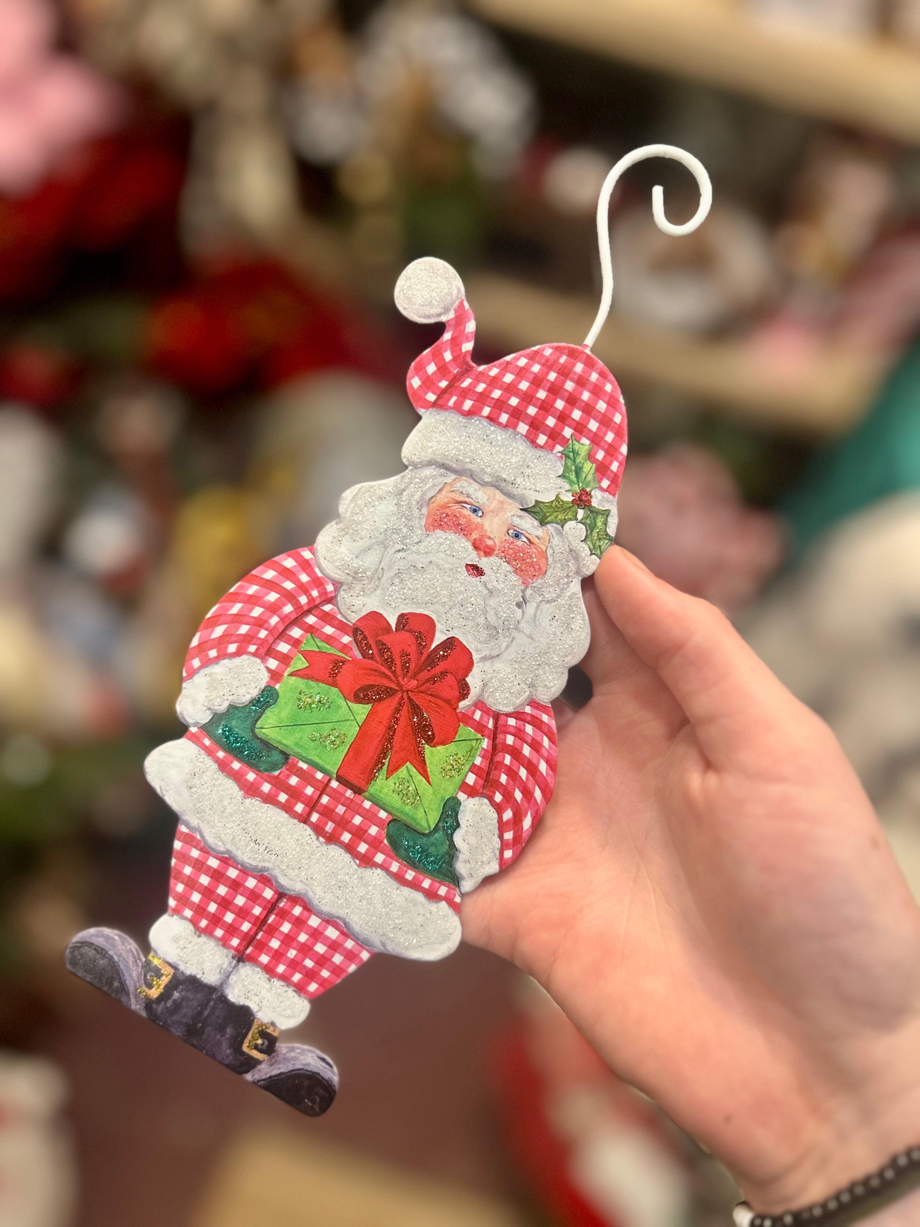 Gingham Santa and Stocking Metal Ornaments