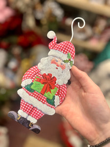 Gingham Santa and Stocking Metal Ornaments