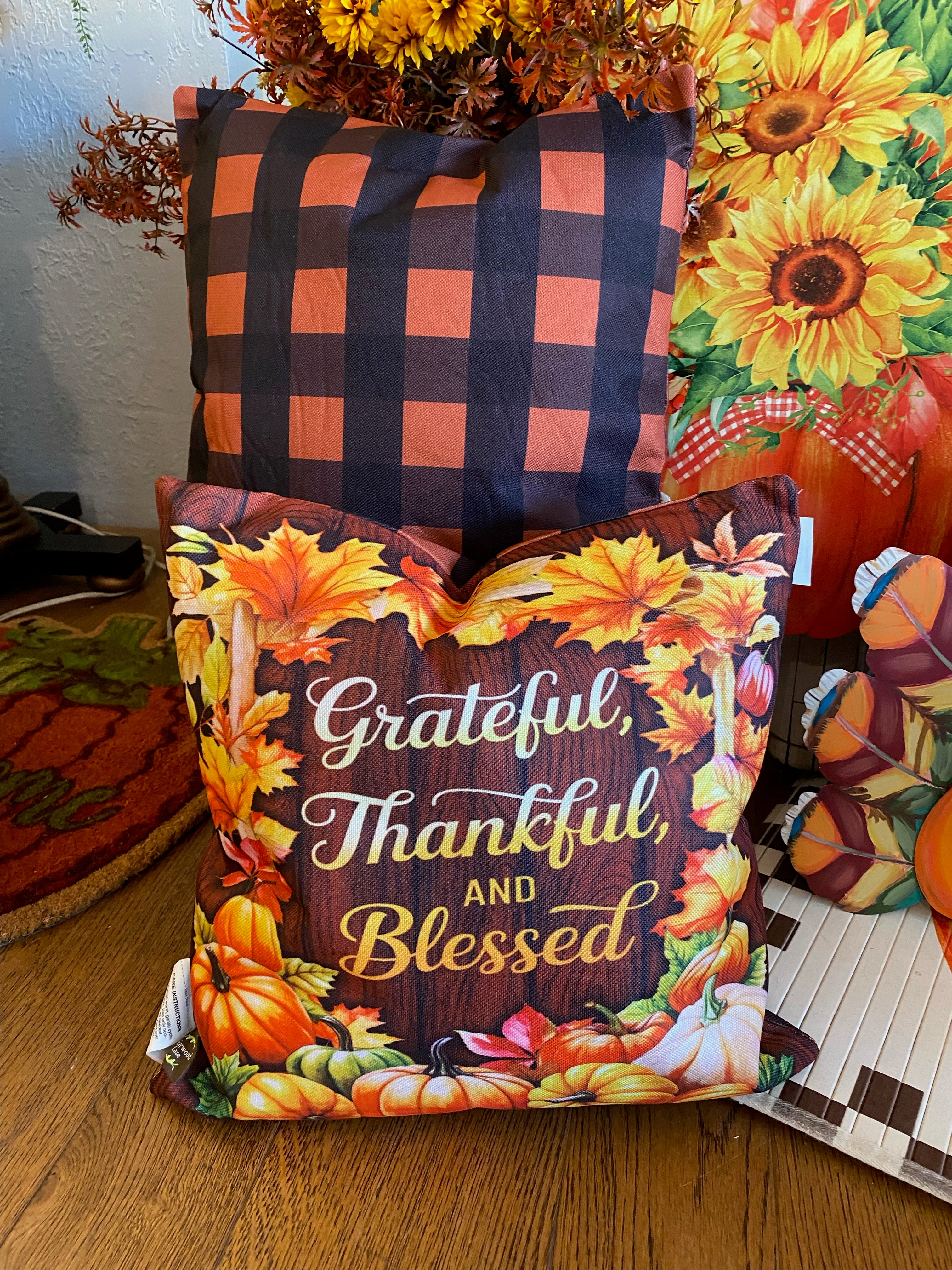 Fall Grateful, Thankful, and Blessed Buffalo Check Back Pillow with Pumpkins 17”x17”