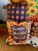 Load image into Gallery viewer, Fall Grateful, Thankful, and Blessed Buffalo Check Back Pillow with Pumpkins 17”x17”
