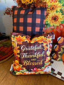 Fall Grateful, Thankful, and Blessed Buffalo Check Back Pillow with Pumpkins 17”x17”