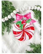 Load image into Gallery viewer, Holly and Bow Red White Pepppermint Red, Pink, White Ornament
