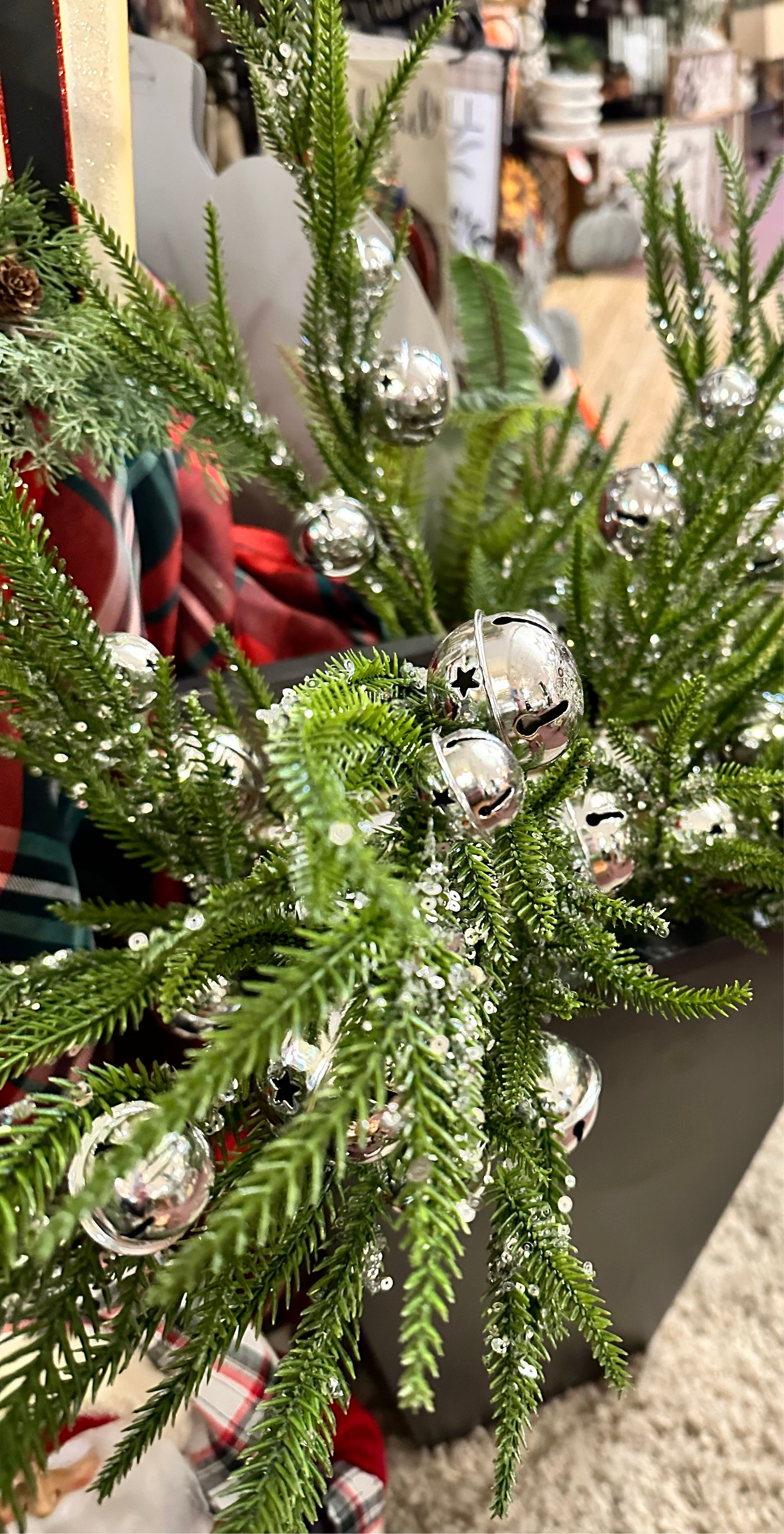 Pine Greenery Stem with Silver Bells and Sequins Pack of 3