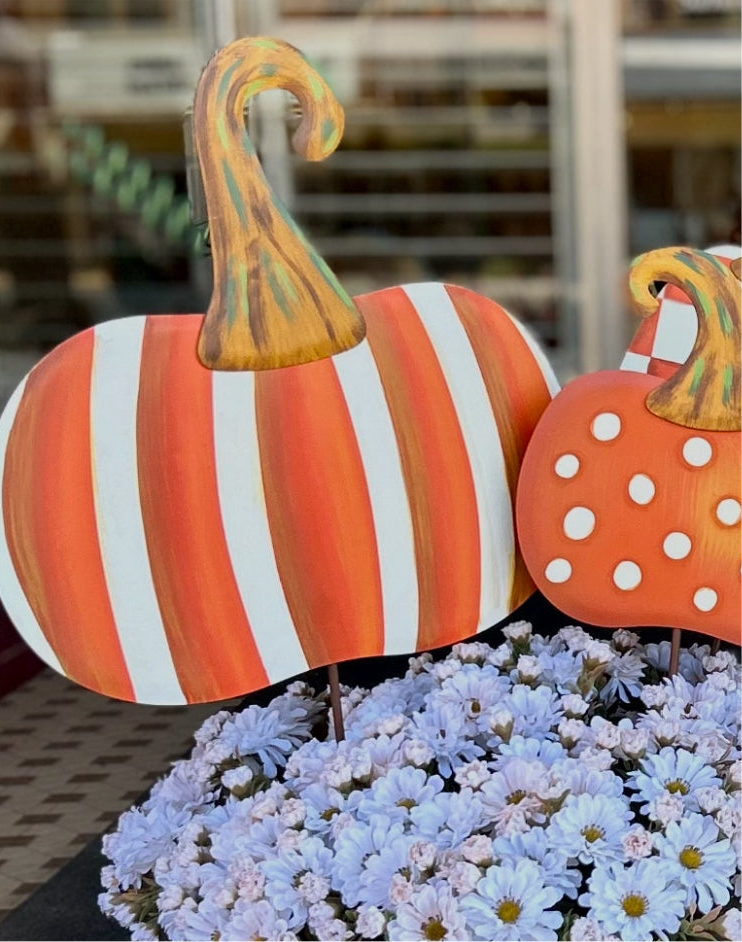 Orange & White Stripe Metal Pumpkin Yard Stake