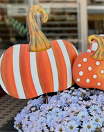 Load image into Gallery viewer, Orange &amp; White Stripe Metal Pumpkin Yard Stake
