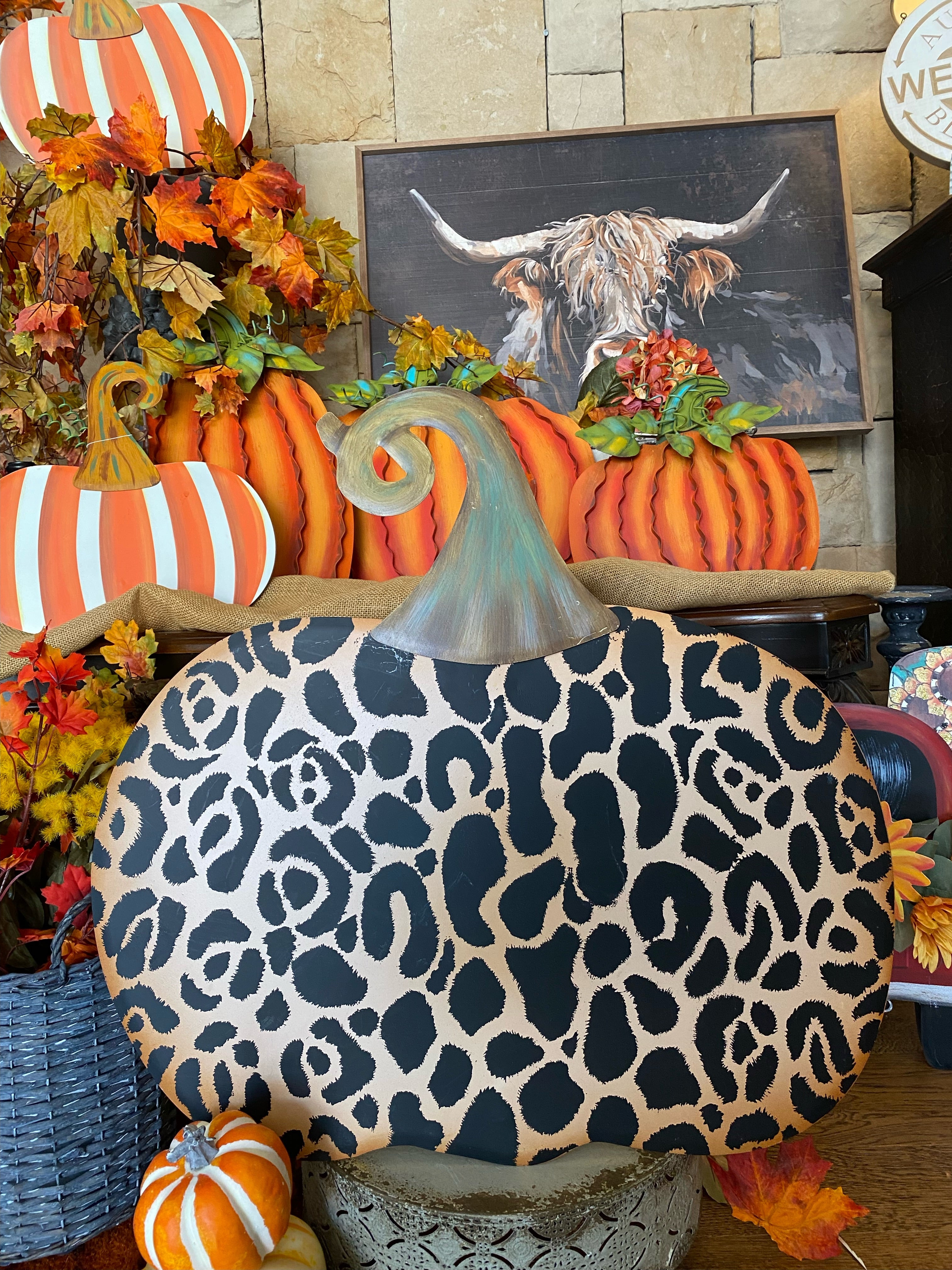 Large Metal Leopard Pumpkin with easel and stake