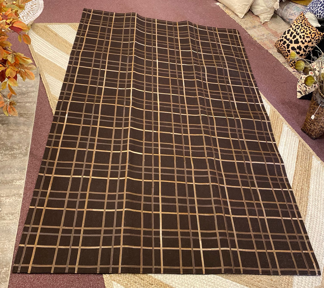 Brown Hide & Leather Grid Wool Area Rug (8x10)