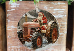 Load image into Gallery viewer, Santa on Tractor Round 4” Wood Ornament Christmas Decor
