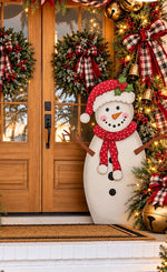 Load image into Gallery viewer, White Metal Snowman in Red &amp; White Polka Dot Hat &amp; Scarf with attached Easel Christmas
