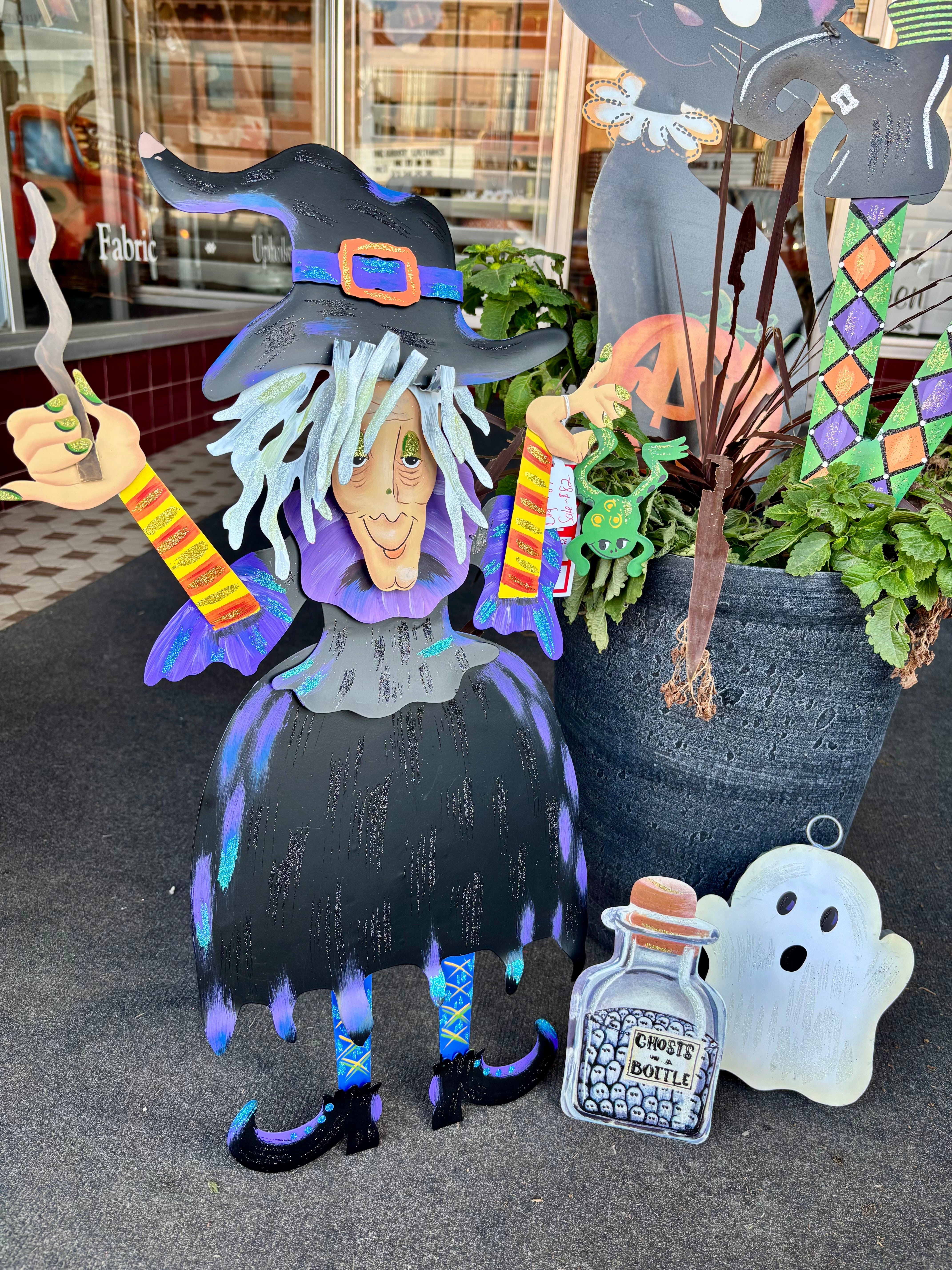 Small Tillie the Witch In Black, Purple, Orange, and Yellow with her Frog Roundtop Collection