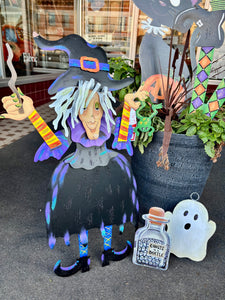 Small Tillie the Witch In Black, Purple, Orange, and Yellow with her Frog Roundtop Collection