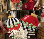 Load image into Gallery viewer, Christmas Black and White Stripe Red Ornament Metal Stakes Set of 2
