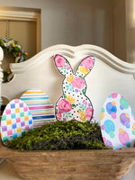 Load image into Gallery viewer, White Floral Rabbit Metal Door Hanger, Stake, and Attached Easel
