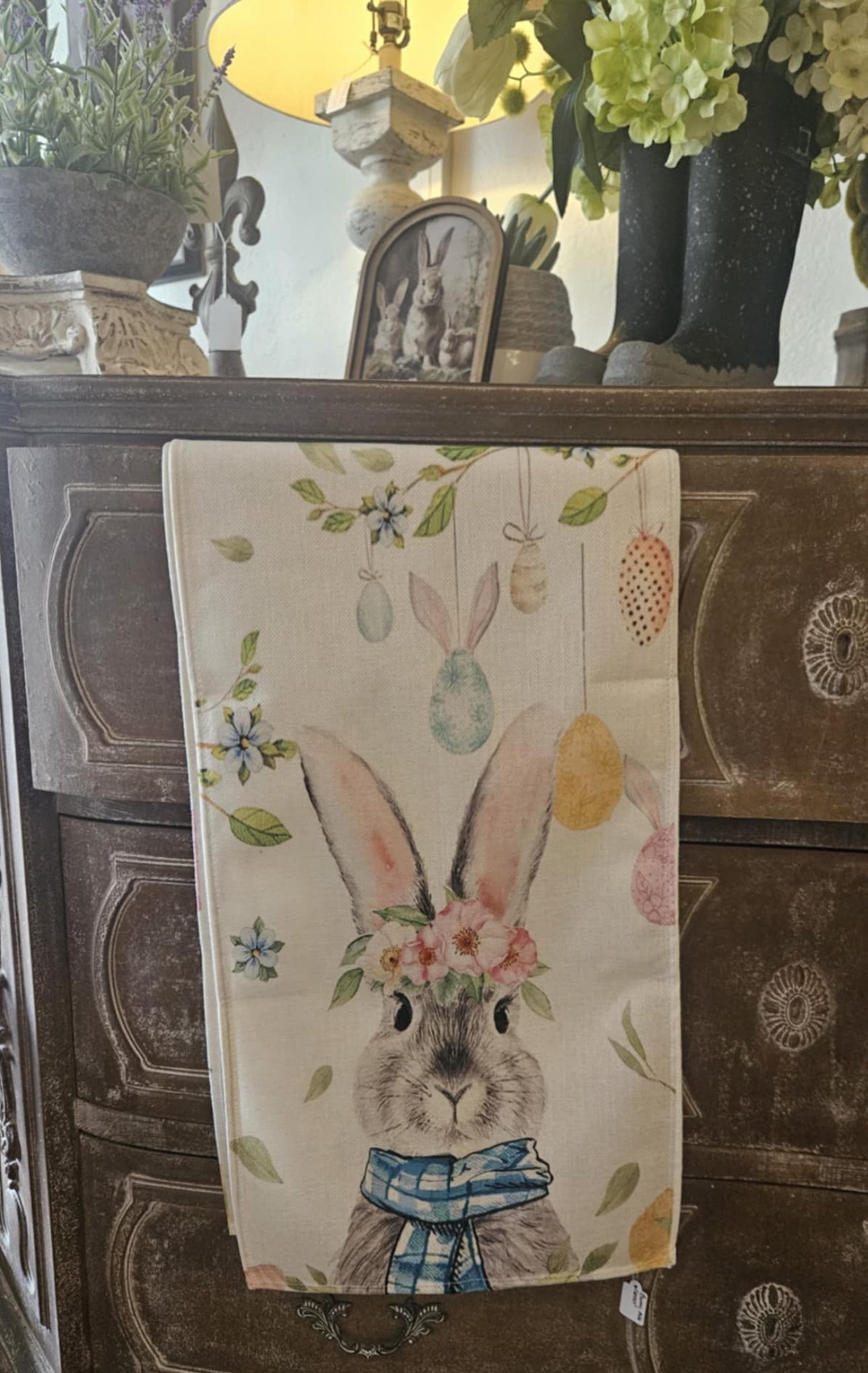 Bunny with Check Pattern Blue Scarf Table Runner