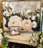 Load image into Gallery viewer, Beige &amp; White Roses with Blue Gray Background Floral Art with Wood Frame 32”x40”
