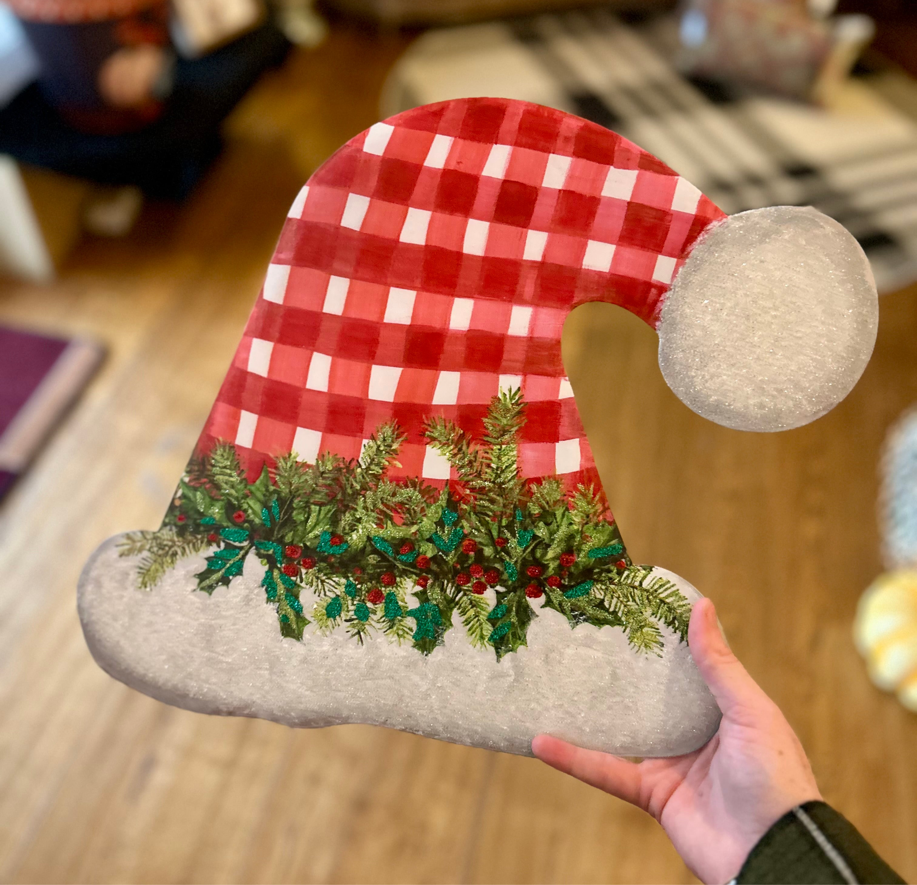 Gingham Santa Hat Metal Stake Outdoor or Indoor
