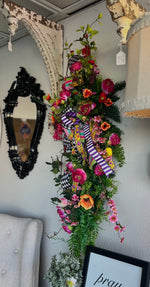 Load image into Gallery viewer, Butterfly Summer Peony Swag Harlequin Ribbon Bright Pink, Orange, Purple, Yellow Swag
