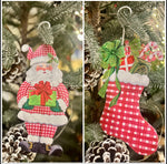 Load image into Gallery viewer, Gingham Santa and Stocking Metal Ornaments
