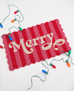 Load image into Gallery viewer, Merry Hot Pink and Red Stripe Christmas Scalloped Door Mat
