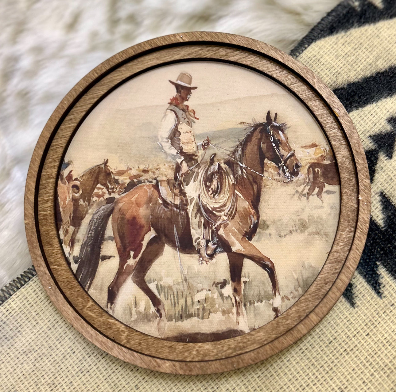 Cowboy Western Art with Wood Frame 8”x8”