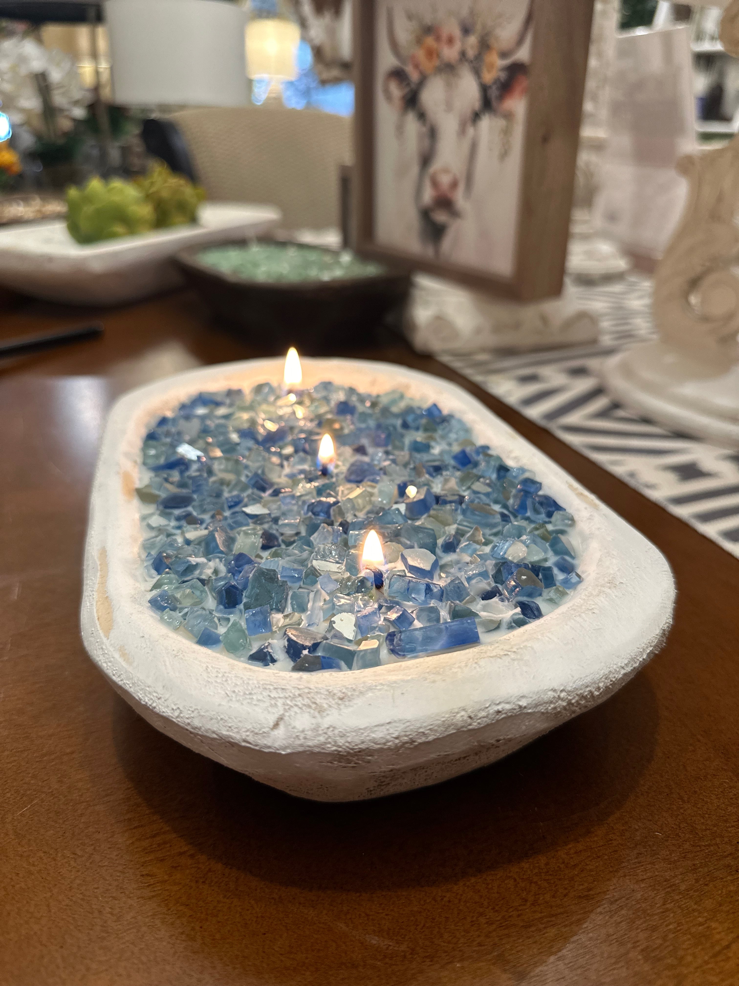 Fire Bowl Blue Glass Soy Candle in White Dough Bowl “At the Lake”