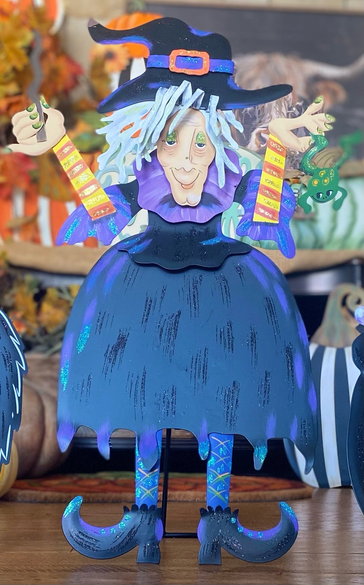 Small Tillie the Witch In Black, Purple, Orange, and Yellow with her Frog Roundtop Collection