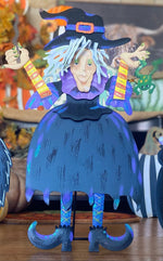 Load image into Gallery viewer, Small Tillie the Witch In Black, Purple, Orange, and Yellow with her Frog Roundtop Collection
