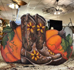 Load image into Gallery viewer, Cowboy Boots and Pumpkins Metal Stake with Attached Easel
