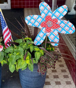 Load image into Gallery viewer, Americana: Set of 2 Red, White, and Blue Plaid Flower Metal Stake Sign
