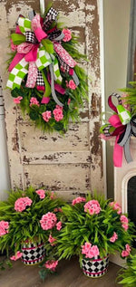 Load image into Gallery viewer, Hot Pink, Lime Green, Black and White Harlequin Stripe Design Outdoor Pots
