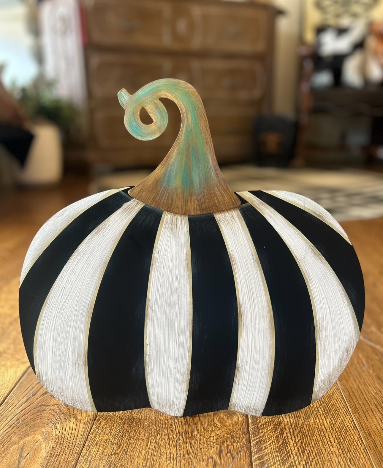 Small Short Black & White Striped Metal Pumpkin Yard Stake