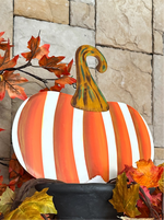 Load image into Gallery viewer, Orange &amp; White Stripe Metal Pumpkin Yard Stake
