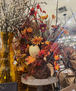 Load image into Gallery viewer, Fall Mixed Cream Pumpkin, Burgundy, Gold Sunflowers, and Stems in Rustic Bronze Copper Resin Pot
