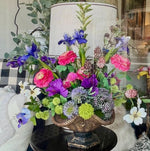 Load image into Gallery viewer, Summer Garden Bright Pink, Purple, and Green Floral Arrangement in Bronze Gold Container
