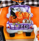 Load image into Gallery viewer, Boo Black Cat in Purple Truck with Jack-o-lantern Pumpkins Mini Charm with Galvanized Frame
