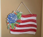 Load image into Gallery viewer, Floral American Flag Door Hanger in Red, White, and Blue Shimmering Finish
