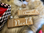 Load image into Gallery viewer, Set of 4 Signs w/ Burlap Bow and Silver Bell 6&quot;length Noel, Believe, Merry Christmas, Joy
