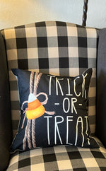 Load image into Gallery viewer, Trick or Treat Black Candy Corn  Pillow
