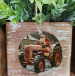 Load image into Gallery viewer, Santa on Tractor Round 4” Wood Ornament Christmas Decor

