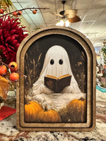 Load image into Gallery viewer, Halloween Arch Wood Frame Ghost Picture in Pumpkin Patch 8”x6”
