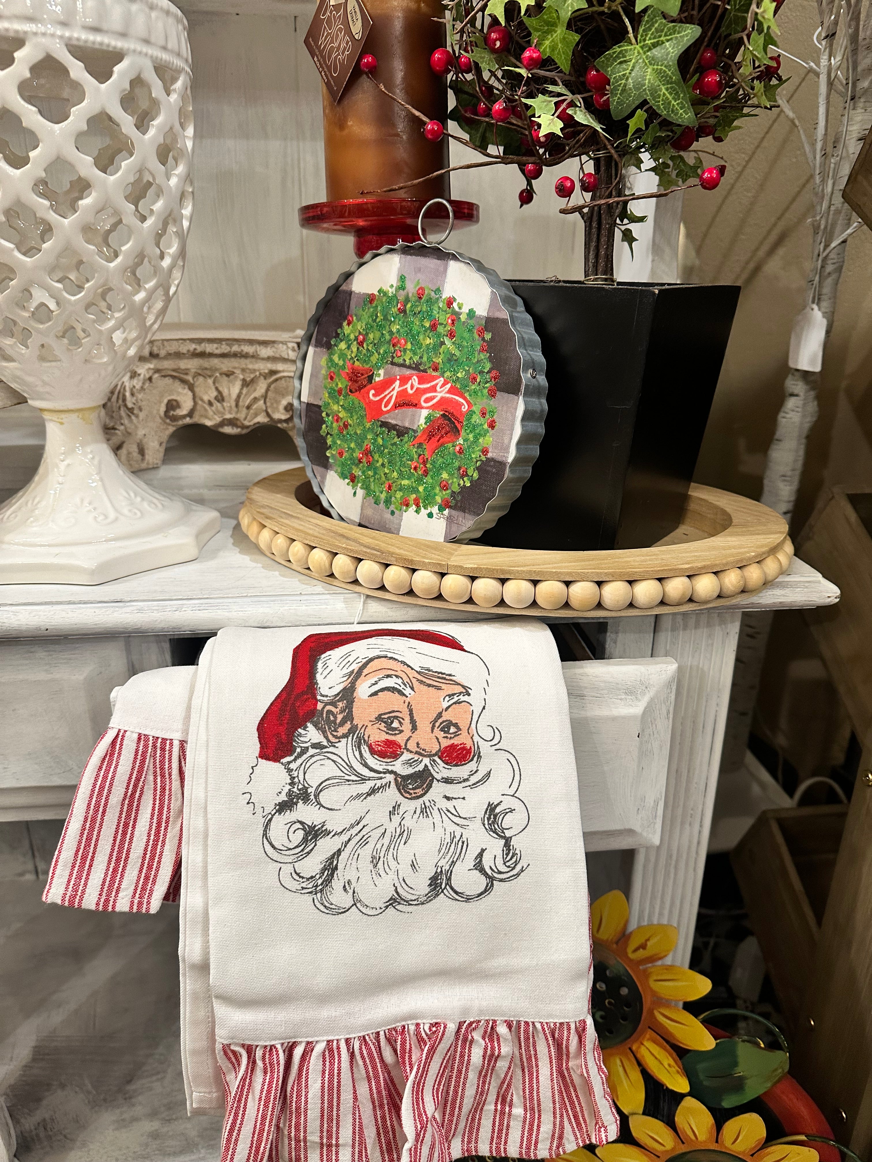 Santa Claus Hand Towel with Red & White Stripe Ruffle Trim