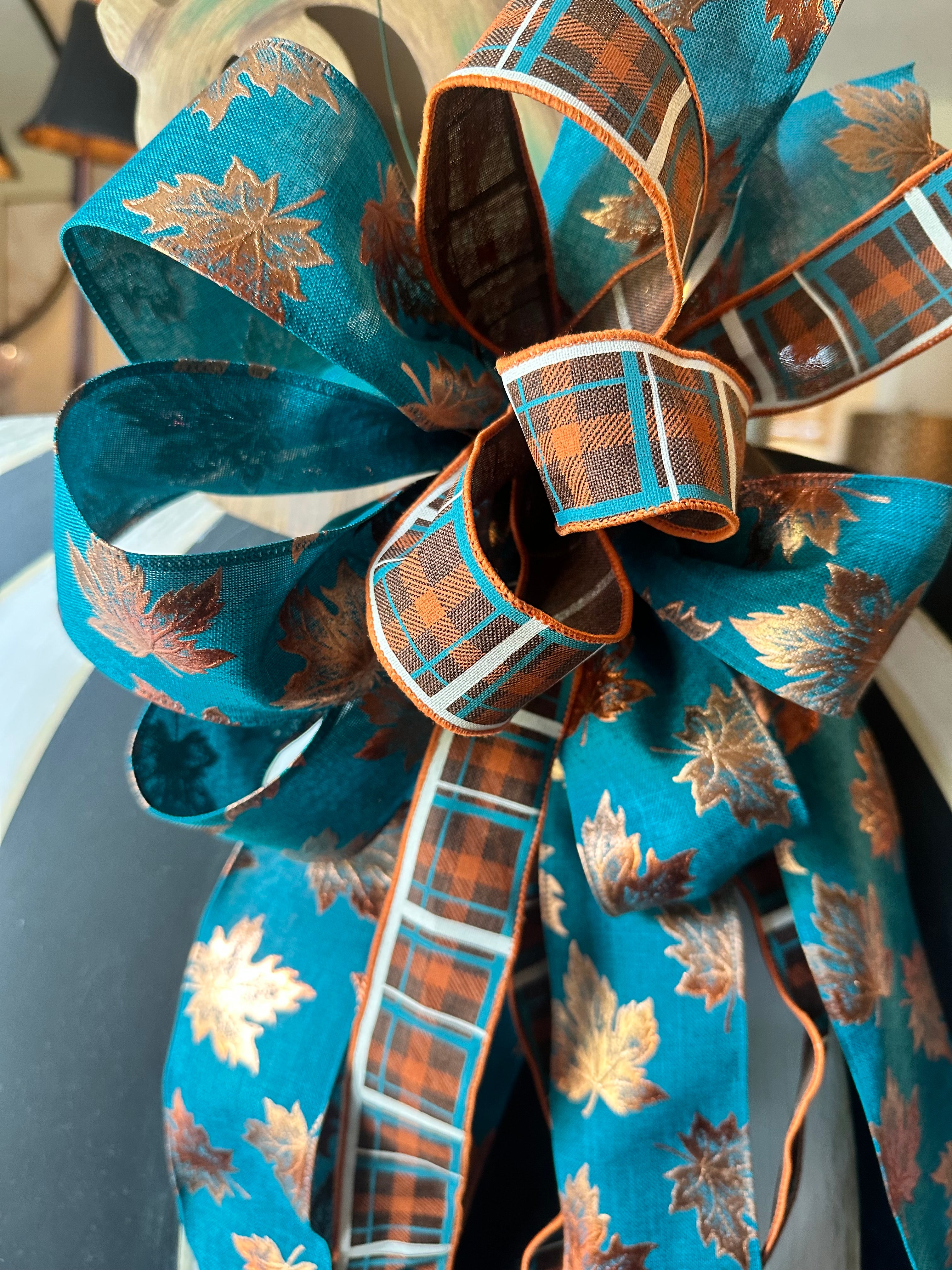 Fall Teal Copper Bow Leaves and Plaid Patterns