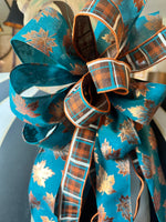 Load image into Gallery viewer, Fall Teal Copper Bow Leaves and Plaid Patterns
