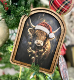 Load image into Gallery viewer, ArchTop Wooden Highland Cow with Santa Hat Christmas Picture
