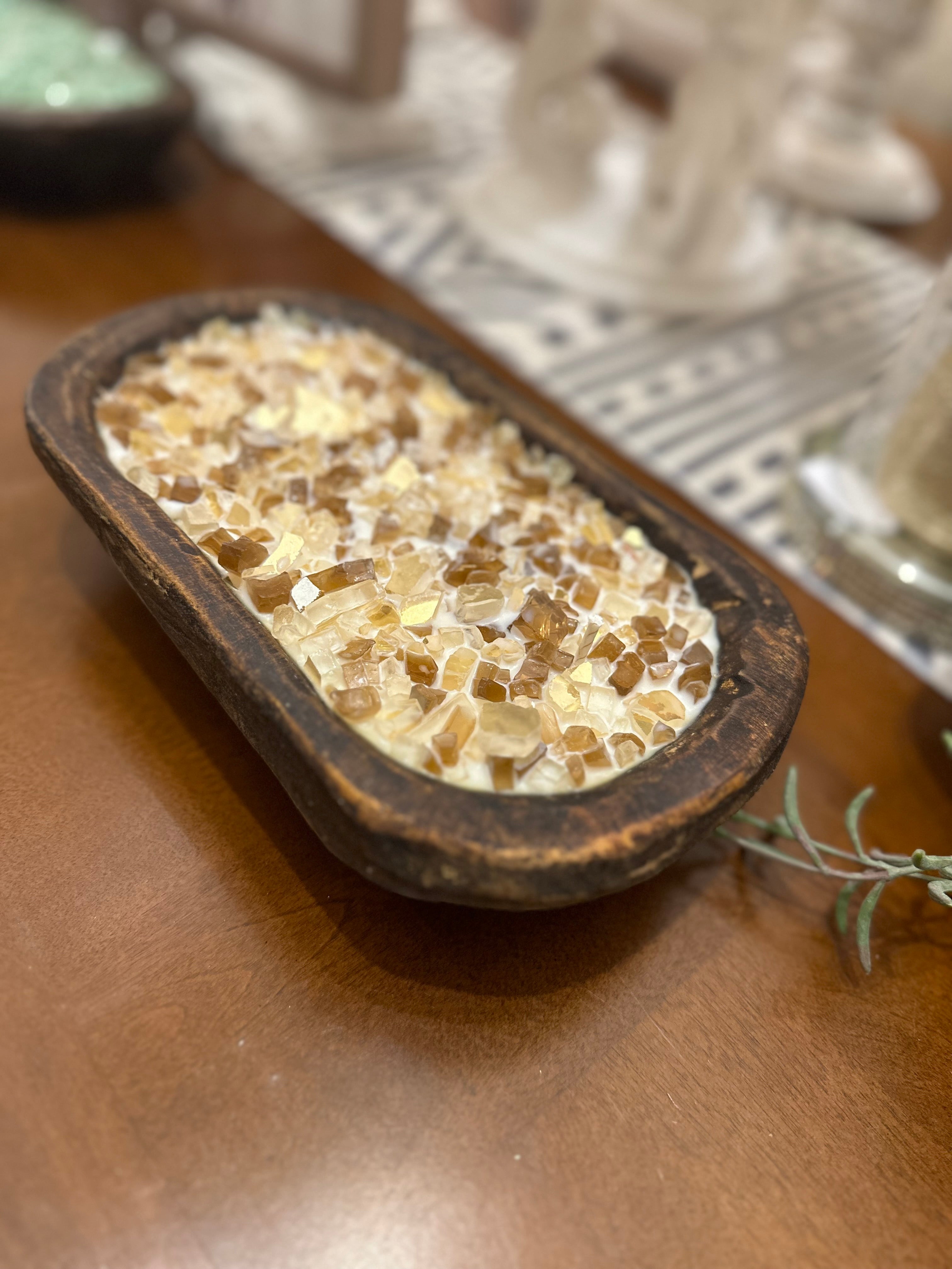 Fall Scent Fire Bowl Gold Glass “Spice” Soy Candle in Brown Dough Bowl