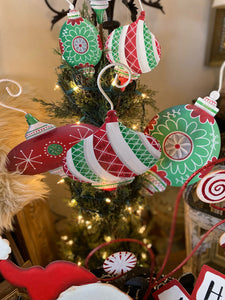 Set of 3 Large Red, White, & Green Metal Ornaments